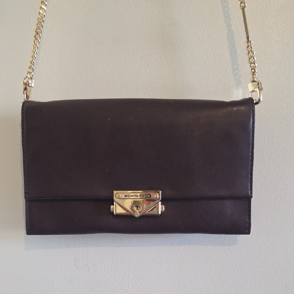 4Michael Kors Burgundy Leather Clutch with Gold Chain